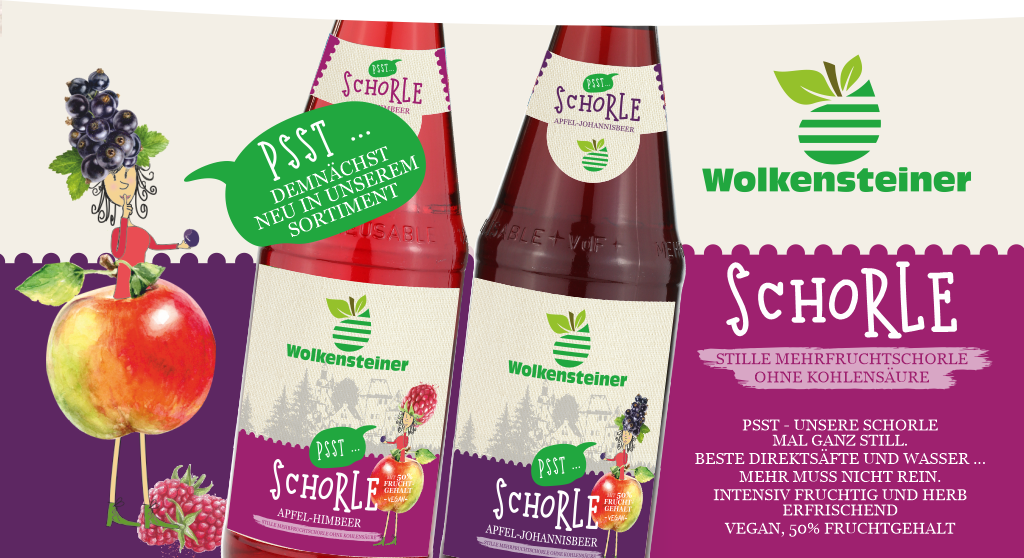 anzeige - PSST, demnächst Neu in unserem Sortiment - die PSST-Schorle mit Apfel-Johannisbeer oder Apfel-Himbeer. Beste Direktsäfte und Wasser, fruchtig und herb erfrischend, vegan mit 50% Fruchtgehalt